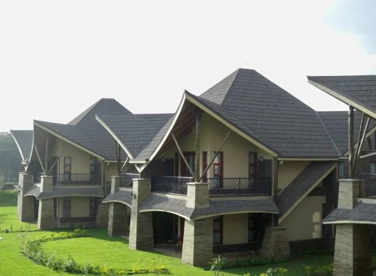 A cluster of houses with roofing tiles, featuring balconies and distinct roof structures in Tamilnadu