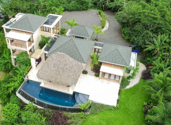 Aerial view of a tropical home amidst lush greenery, showcasing expert roofing tile craftsmanship